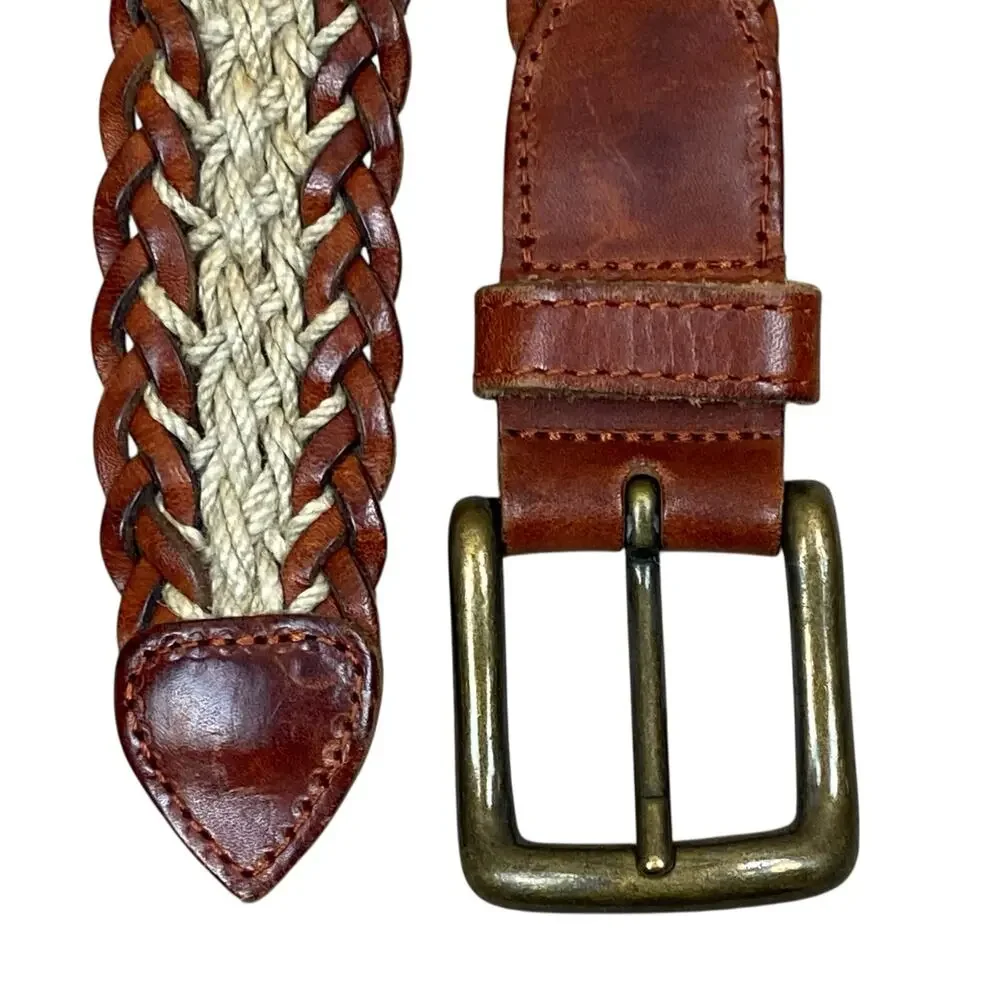 Vintage Fossil Leather Braided Belt Size M Cream Brown Boho